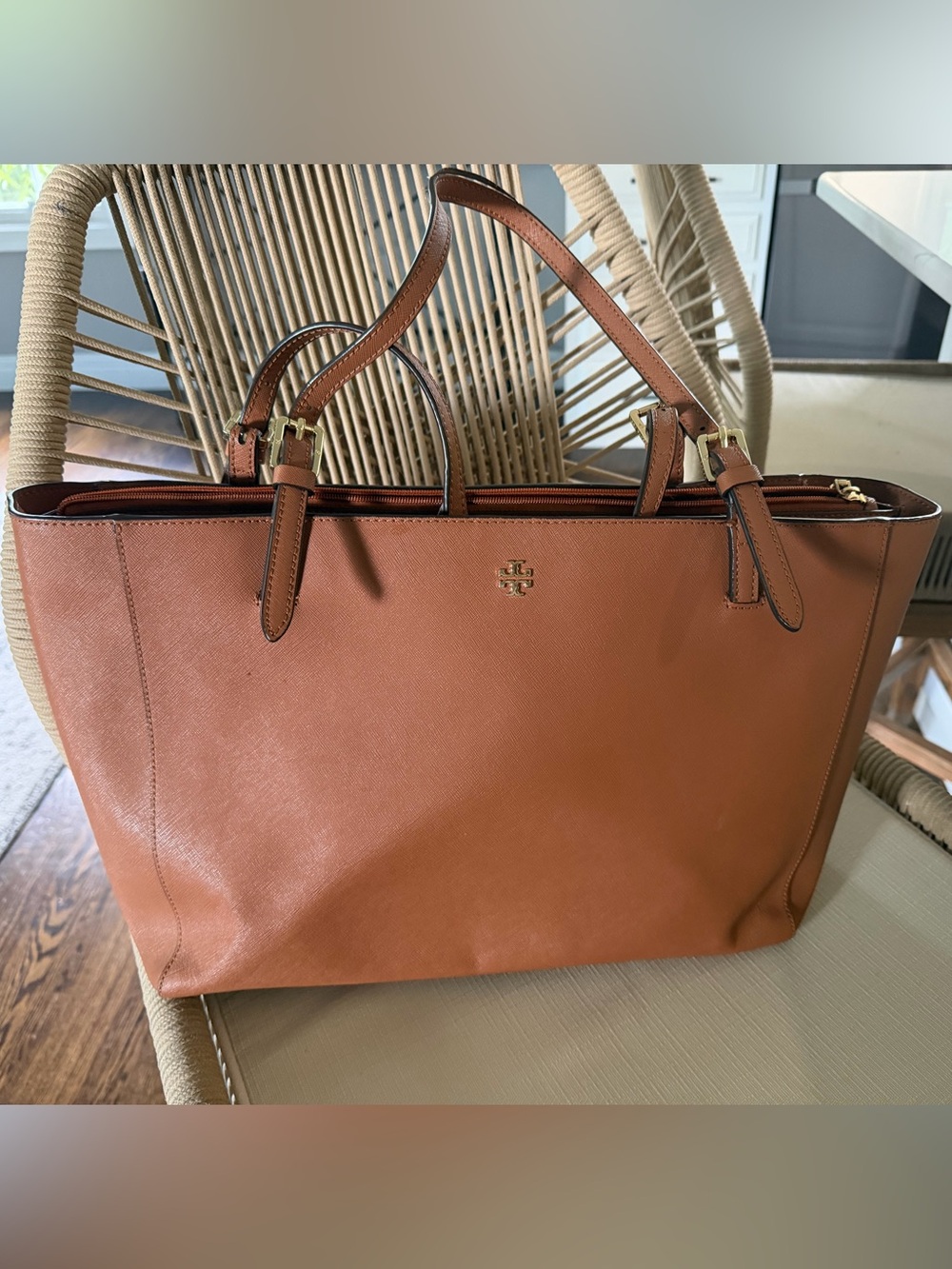 Tory Burch Saffiano Leather Tote in Warm Tan